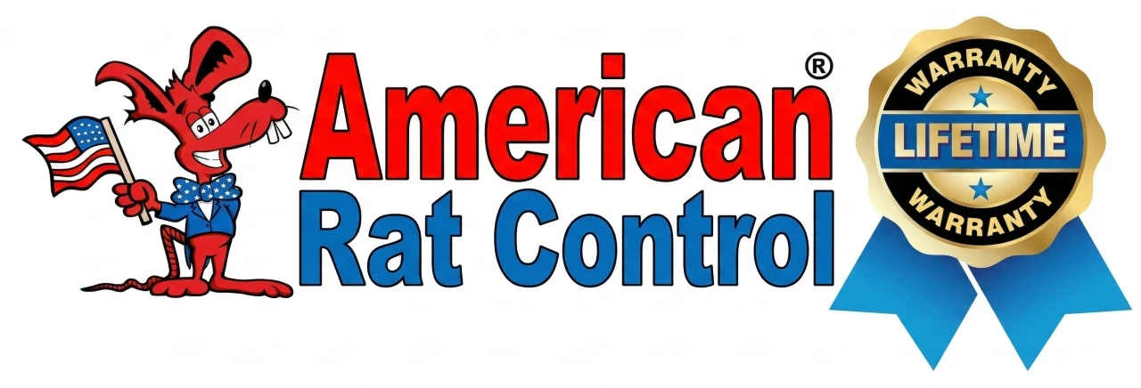 American Rat Control, lifetime warranty version red, white and blue with a gold and blue ribbon